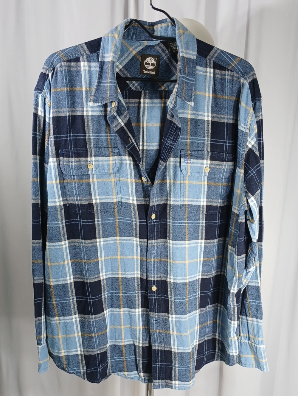 Timberland mens Light and Dark Blue Plaid Long-Sleeve Button flannel Shirt